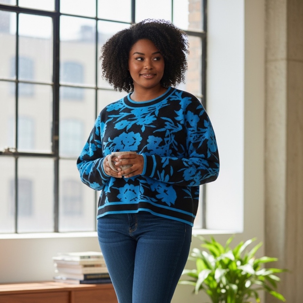 New York & Company Blue Black Floral Print Classic Staple Sweater Size 2X